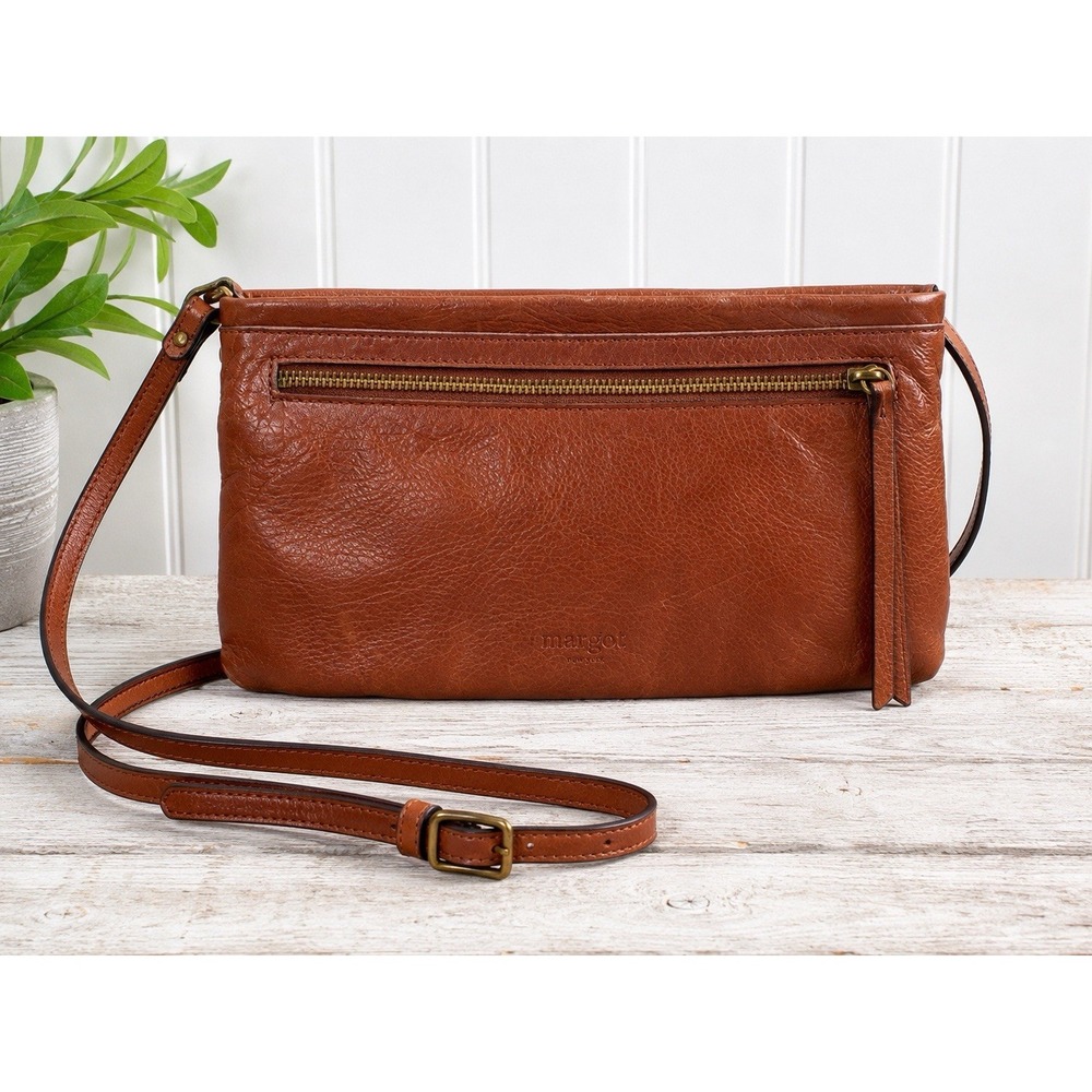 Margot Genuine Leather Cognac Brown Crossbody Purse Fold over Magnet